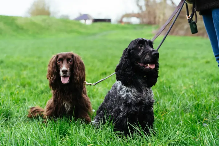Zwei Spaniels an der Leine sitzen im Gras