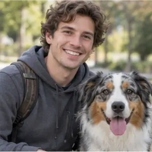 Dogwalker im Park, neben ihm ein Australian Shepherd