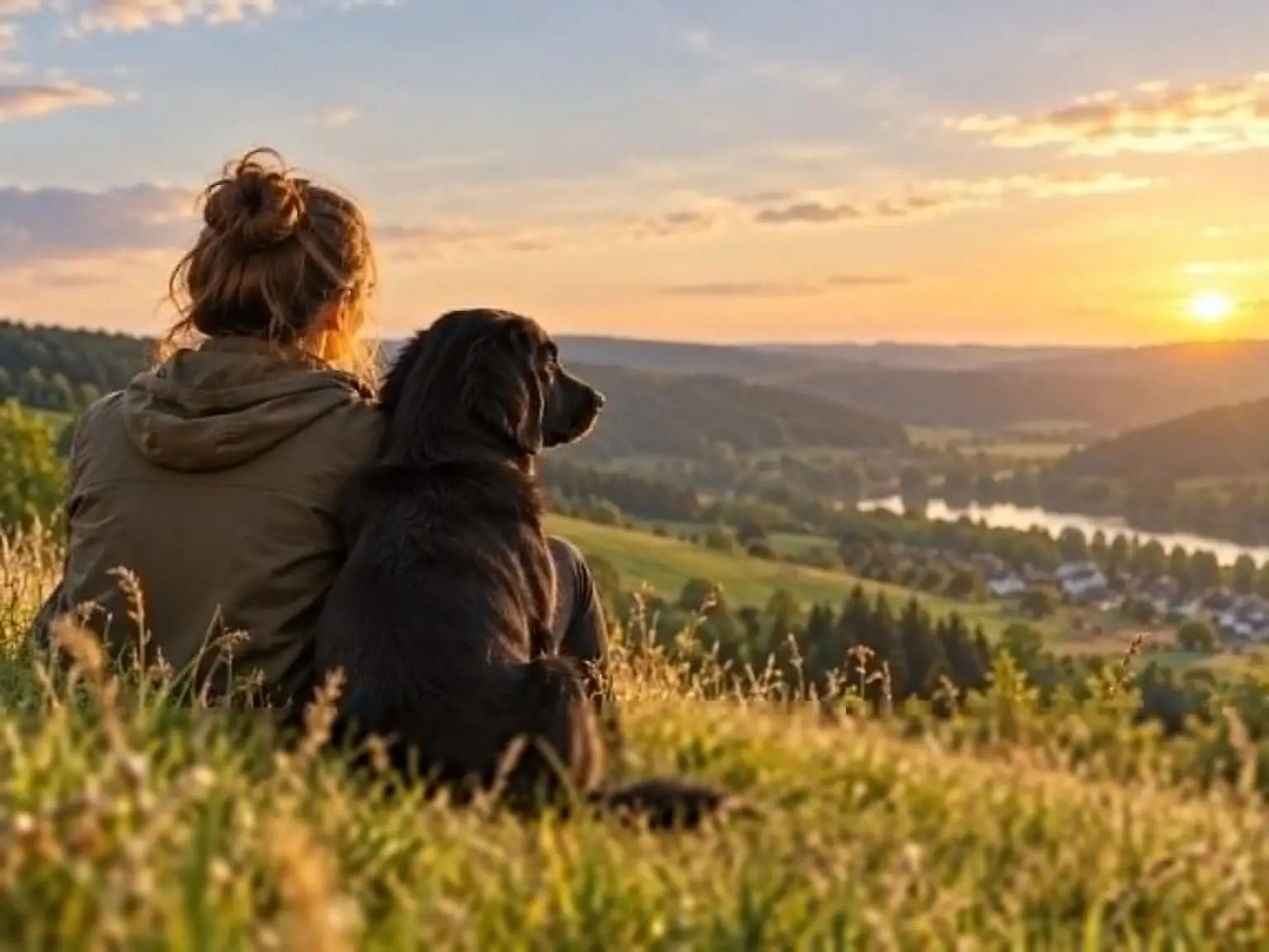 E Mënsch an en Hond zesummen dobaussen