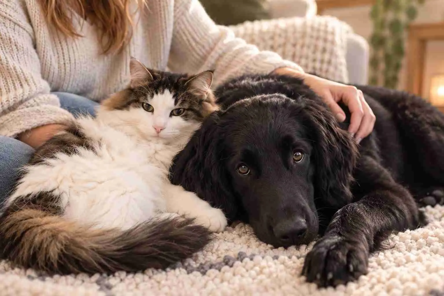 Um gato e um cão descansam lado a lado; uma mão repousa sobre o cão.